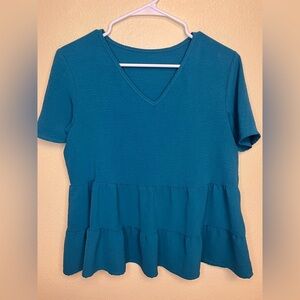 Solid V-Neck Ruffle Hem Blouse Peplum Top